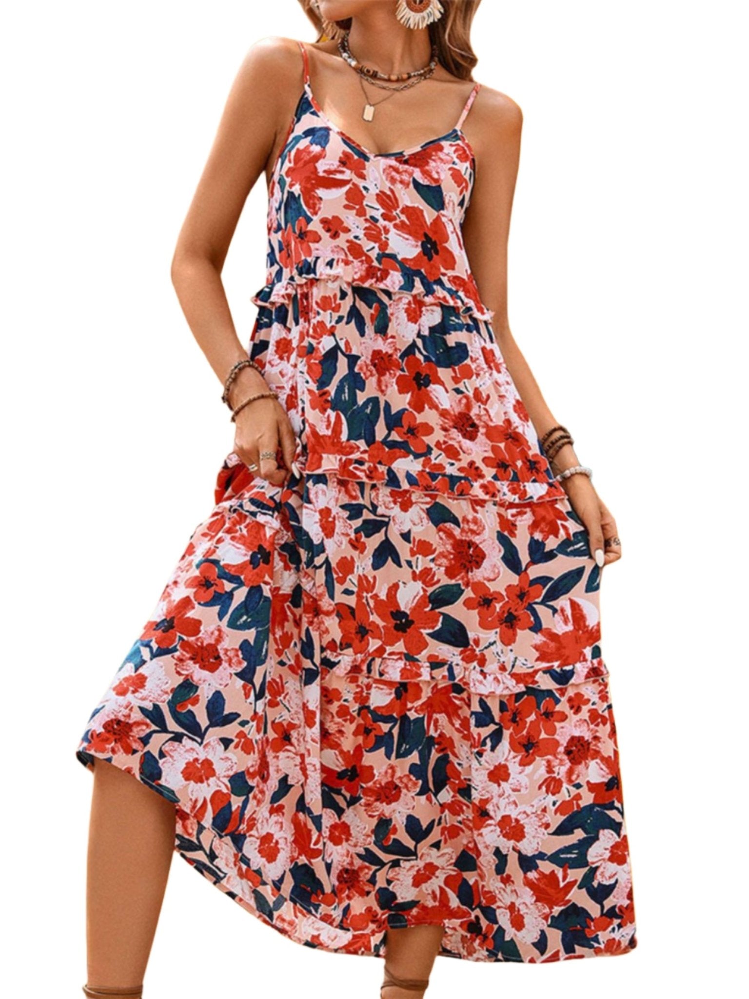 The image is showcasing a Frill Backless Floral Sleeveless Maxi Dress Casual Summer Boho Long Sundress Beach Dress at Mommy & Lino's Closet
