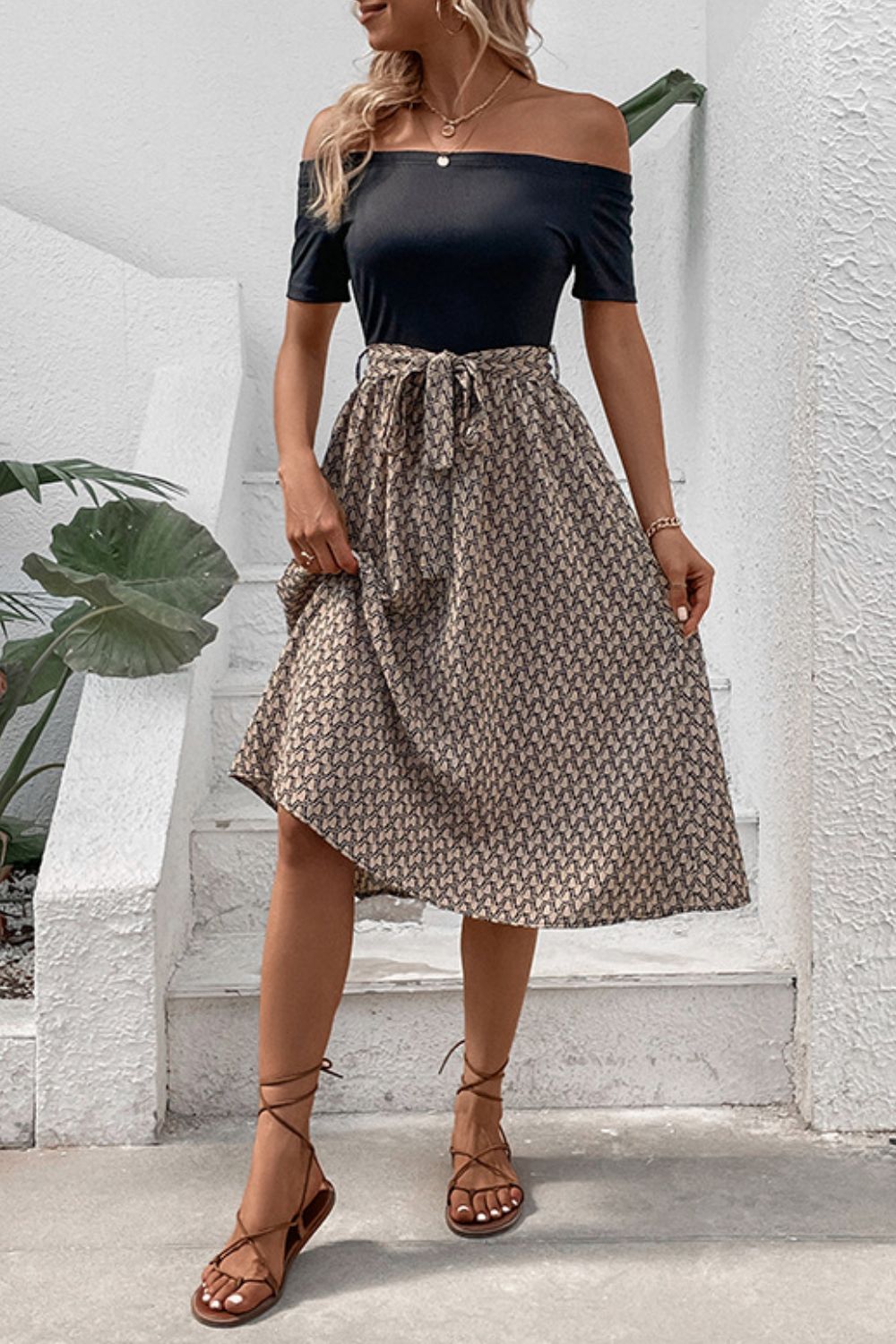 The image is showcasing a Printed Tie Belt Off - Shoulder Midi Dress Elegant Women Casual Party Formal Dress at Mommy & Lino's Closet