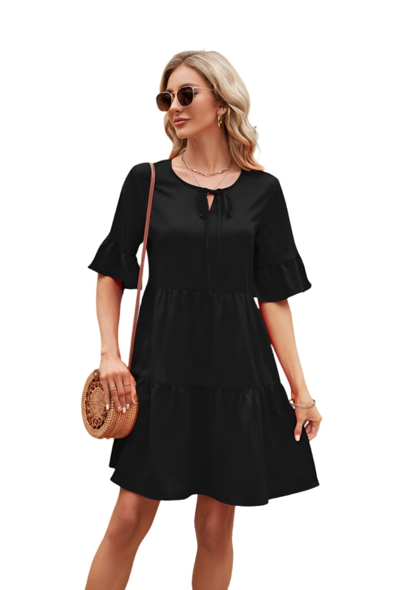 The image is showcasing a Ruffle Trim Tie Neck Flounce Sleeve Tiered Mini Dress Women Casual Half Sleeve Knee length Dress at Mommy & Lino's Closet