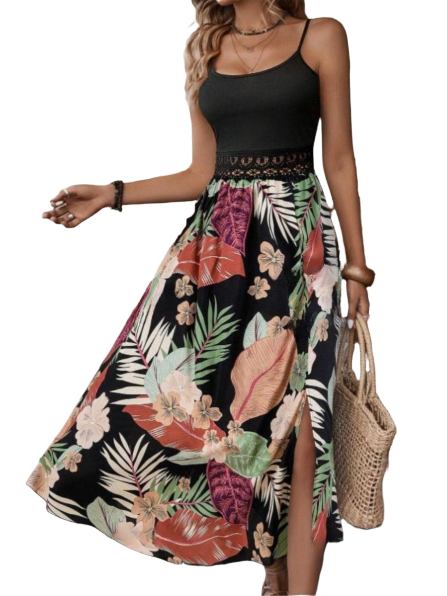 The image is showcasing a Slit Printed Scoop Neck Cami Dress Casual Summer Maxi Dress For women at Mommy & Lino's Closet