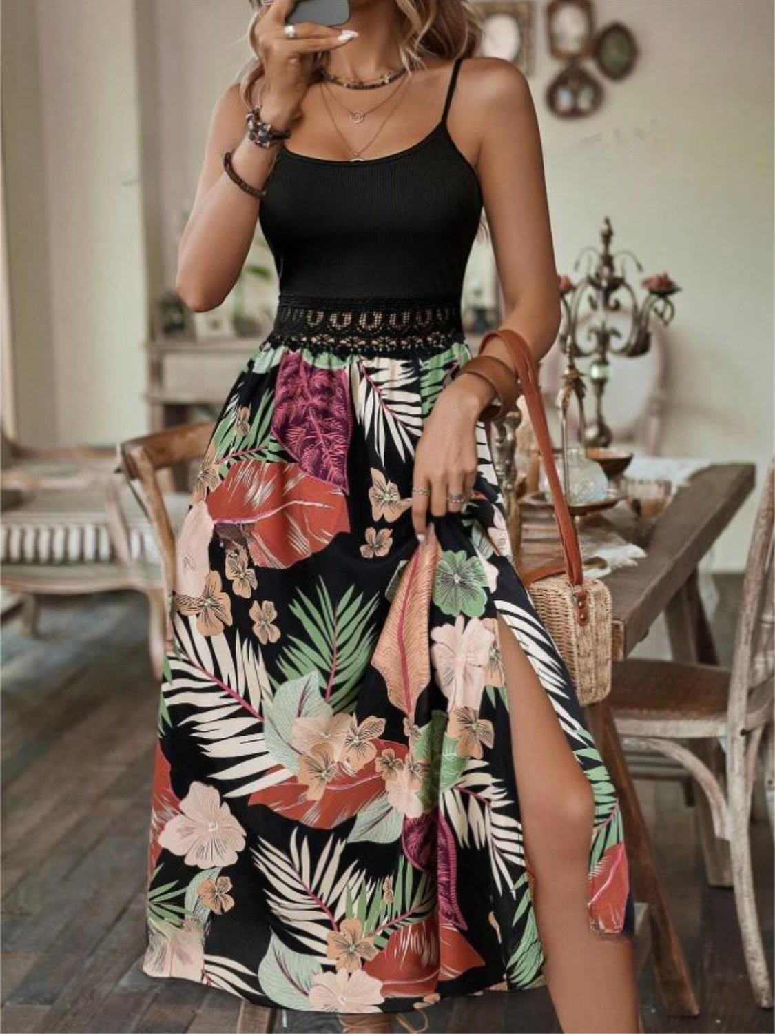 The image is showcasing a Slit Printed Scoop Neck Cami Dress Casual Summer Maxi Dress For women at Mommy & Lino's Closet