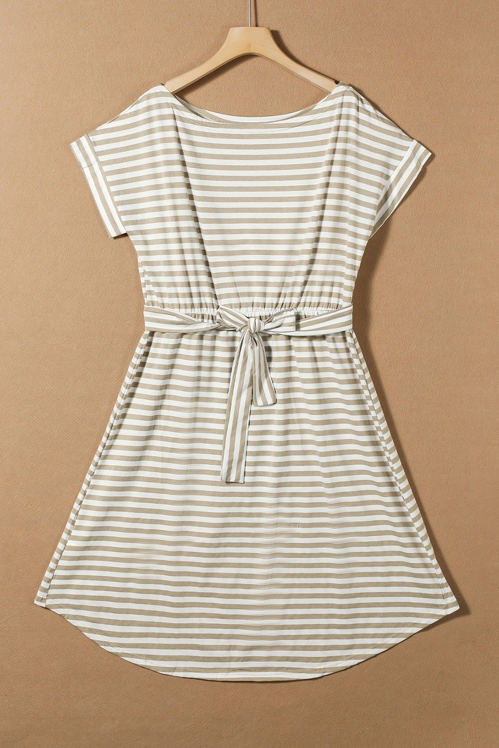 The image is showcasing a Tied Striped Cap Sleeve Mini Dress Casual Summer Beach Short Sundress Cotton Blend at Mommy & Lino's Closet