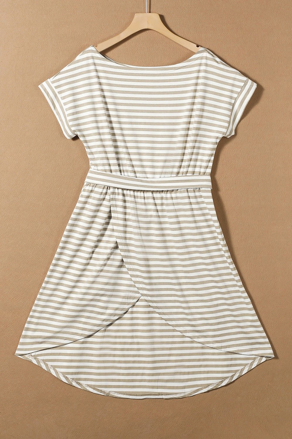 The image is showcasing a Tied Striped Cap Sleeve Mini Dress Casual Summer Beach Short Sundress Cotton Blend at Mommy & Lino's Closet