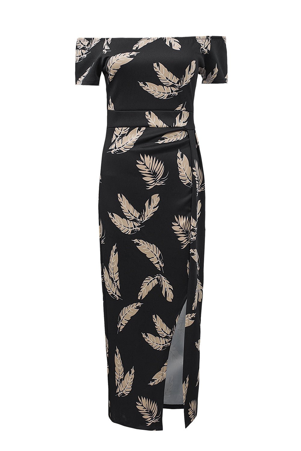 The image is showcasing a Women Floral Off Shoulder Slit Bodycon Midi Dress Elegant Women Casual Formal Party Cocktail Dress at Mommy & Lino's Closet