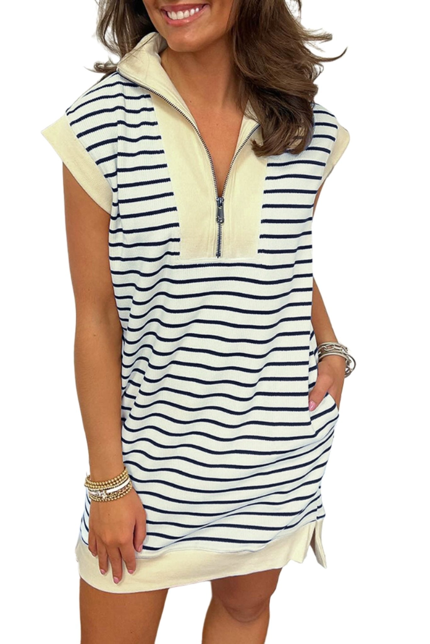 The image is showcasing a Women's Quarter Zip Collared Cap Sleeve Mini Dress Cotton Casual Summer Short Dress at Mommy & Lino's Closet