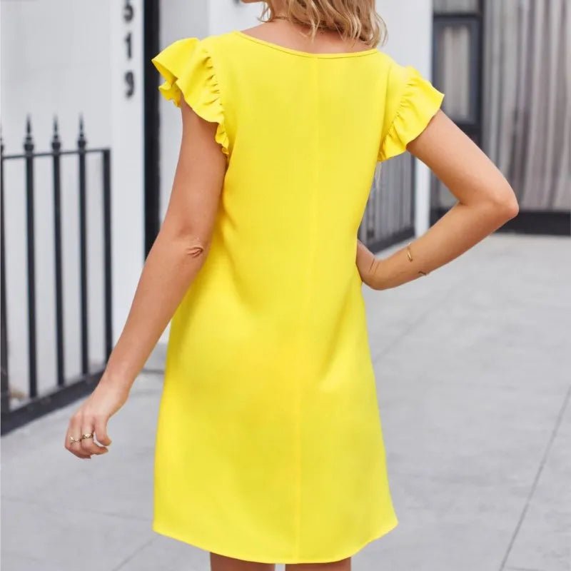 The image is showcasing a Women's Solid V Neck Summer Mini Dress Ruffle Trim Cap Sleeve Summer Tunic Dress A - Line Short Summer dress at Mommy & Lino's Closet