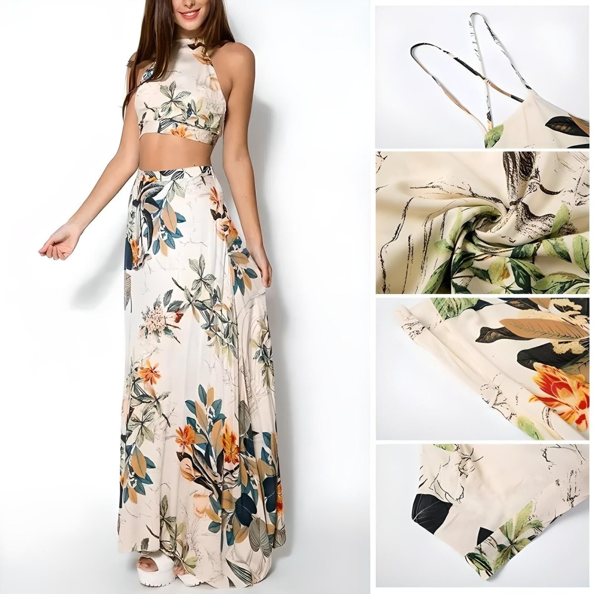 The image is showcasing a Women's Summer Boho Maxi Dress Two - Piece Outfit Set Backless Camisole Beach Dress Bohemian Style Halter Bandage Sundress at Mommy & Lino's Closet