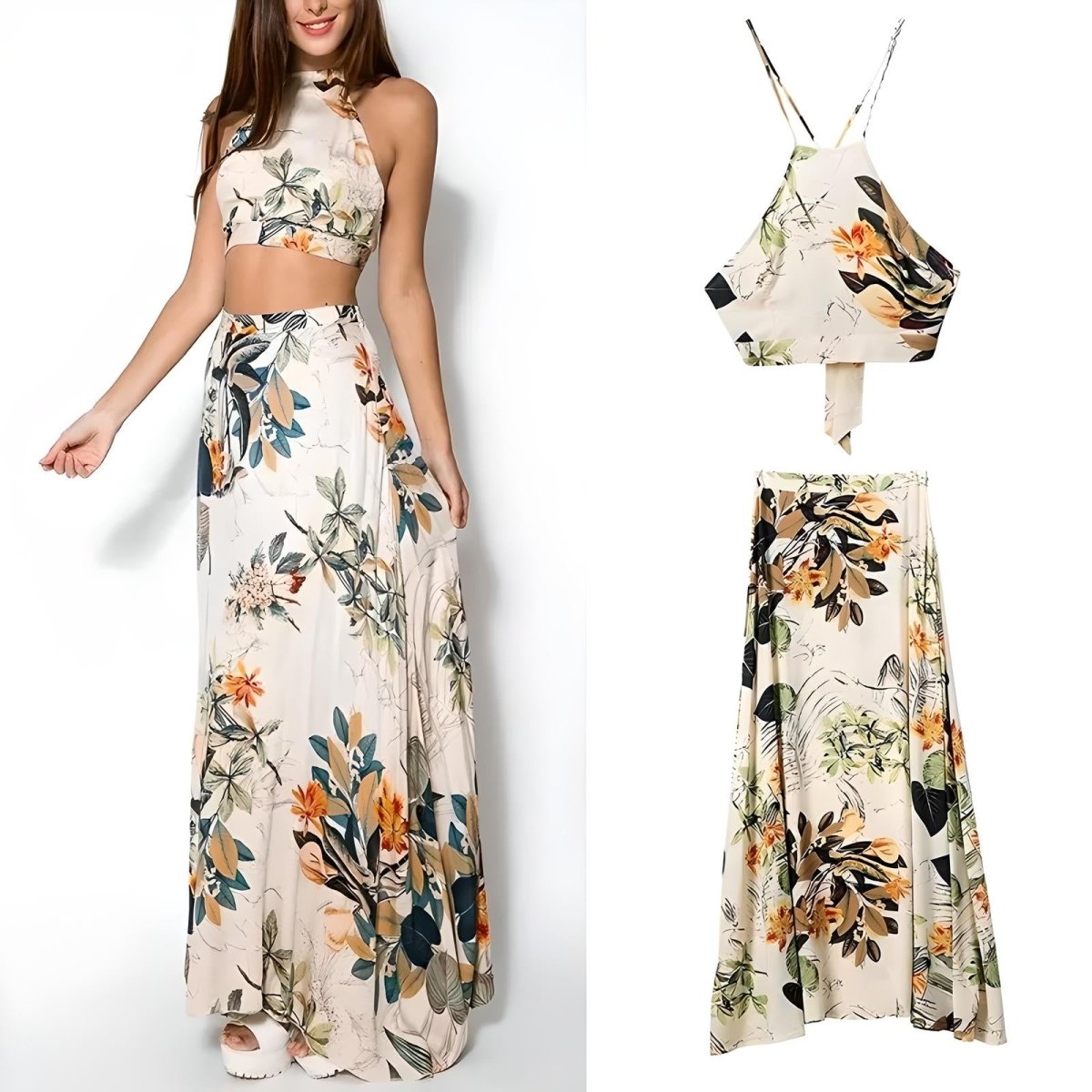 The image is showcasing a Women's Summer Boho Maxi Dress Two - Piece Outfit Set Backless Camisole Beach Dress Bohemian Style Halter Bandage Sundress at Mommy & Lino's Closet